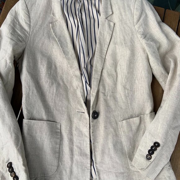 Beige Linen Lined Women's Blazer with Patch Pockets, striped inner lining - Picture 1 of 4